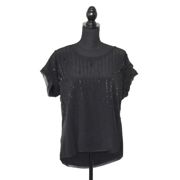 Eileen Fisher Tops - EILEEN FISHER Black Silk Sequin Beaded Short Sleeve Blouse Top Size L